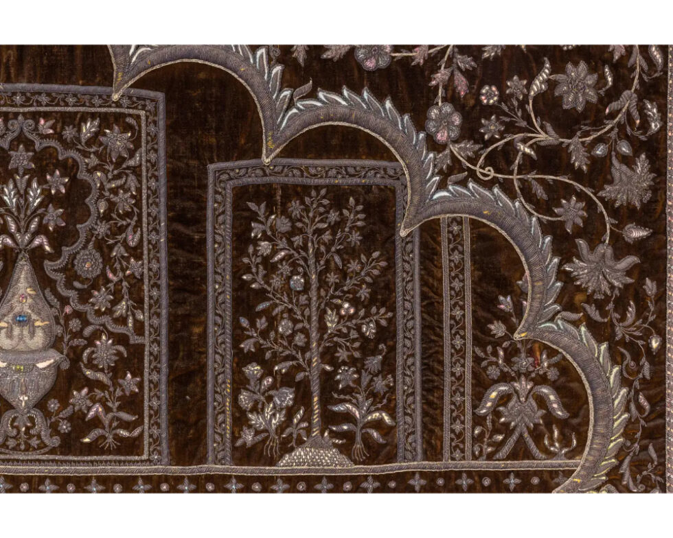 A Rare 18th Century Middle Eastern Silk and Silver Thread Green Velvet Tapestry - Image 5