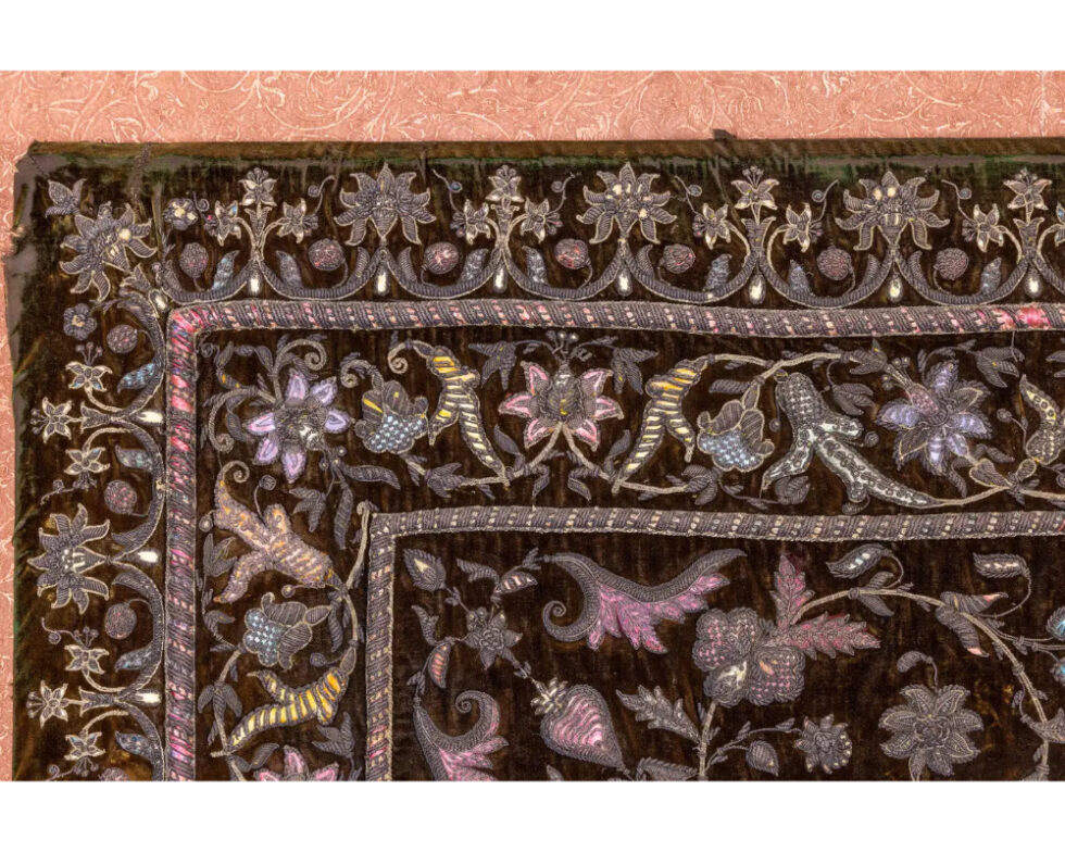 A Rare 18th Century Middle Eastern Silk and Silver Thread Green Velvet Tapestry - Image 7