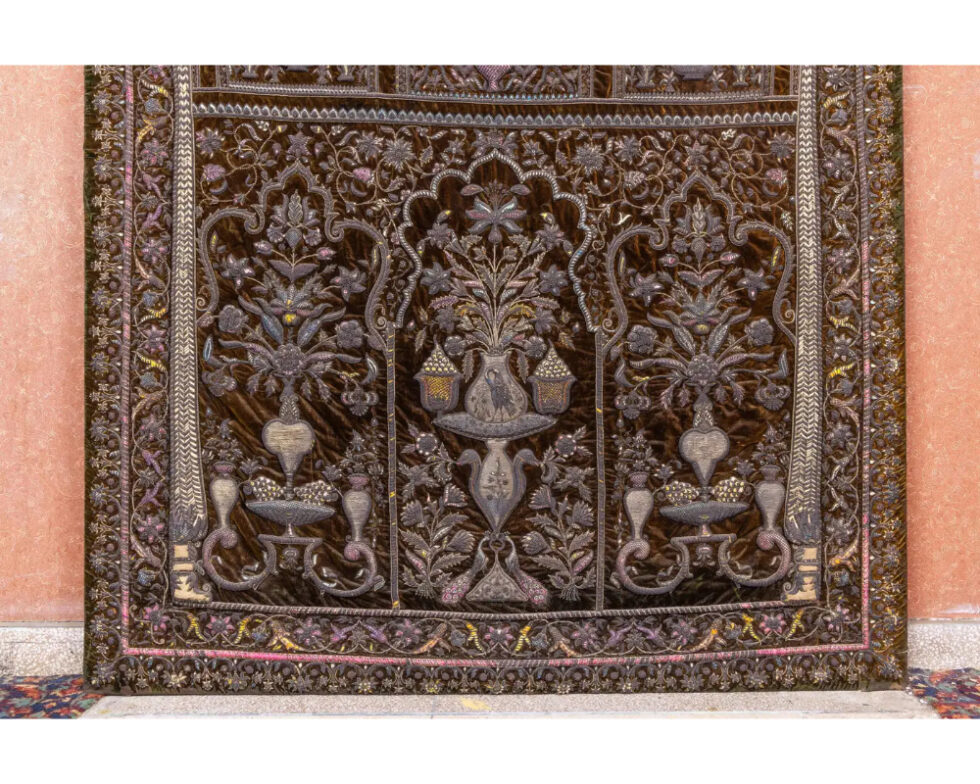 A Rare 18th Century Middle Eastern Silk and Silver Thread Green Velvet Tapestry - Image 18