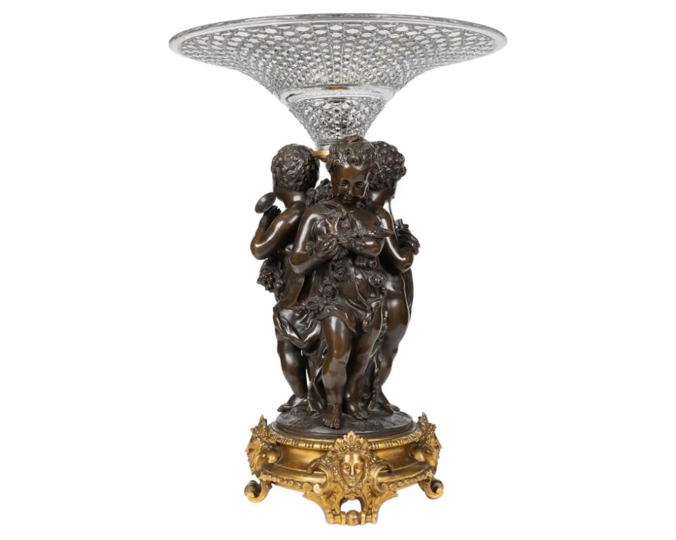 Mathurin Moreau, A Monumental French Bronze and Crystal Figural Centerpiece