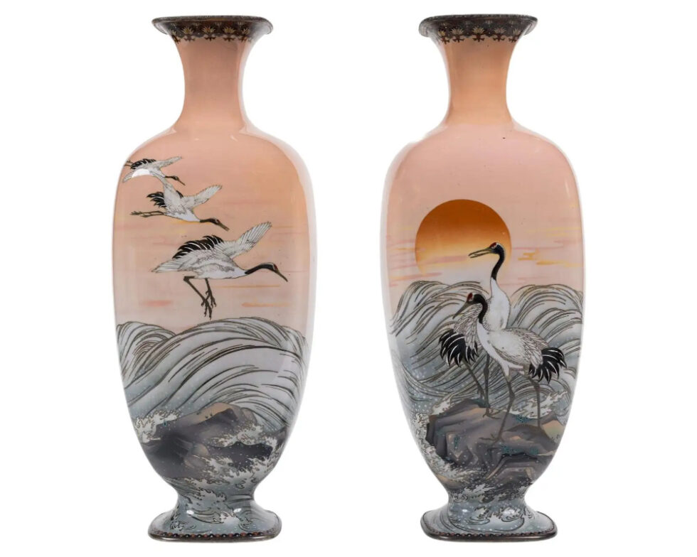 A Large Pair of Japanese Cloisonne Pink-Ground Vases Featuring Sunset and Cranes