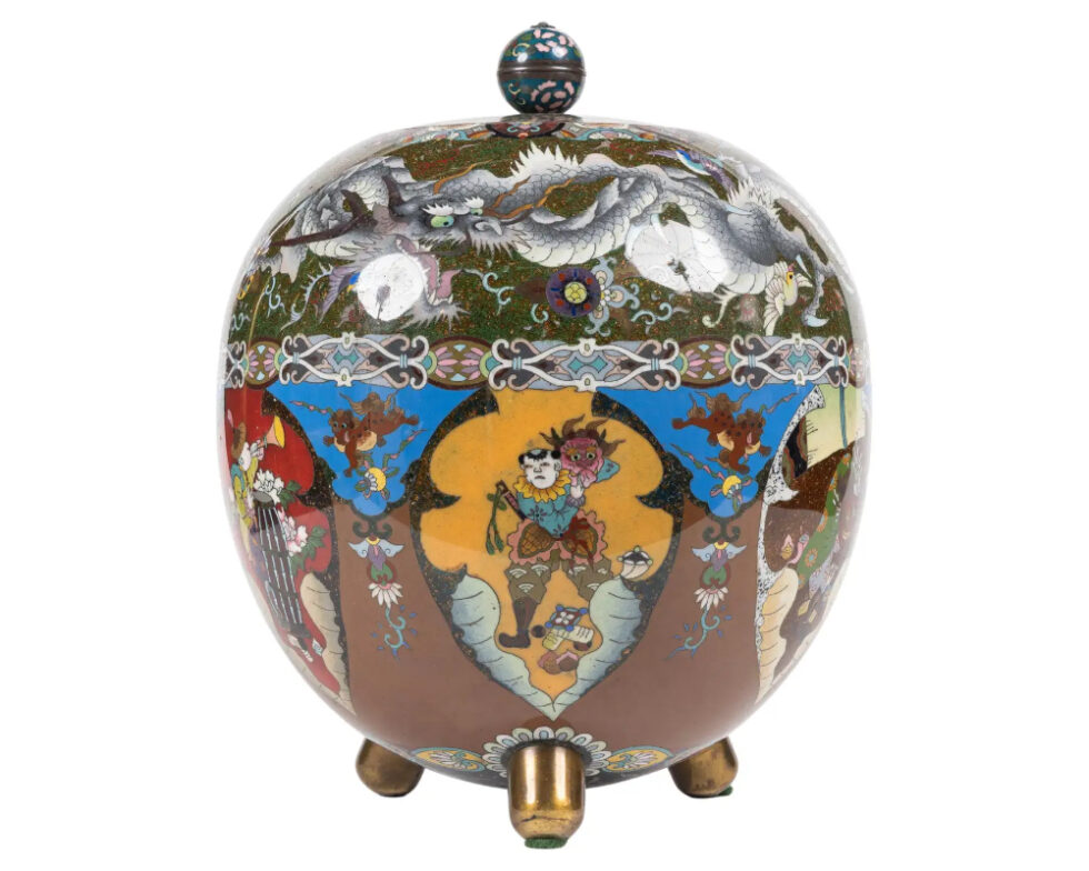 Majestic Japanese Cloisonne Enamel Covered Jar with Dragons, Theater Characters