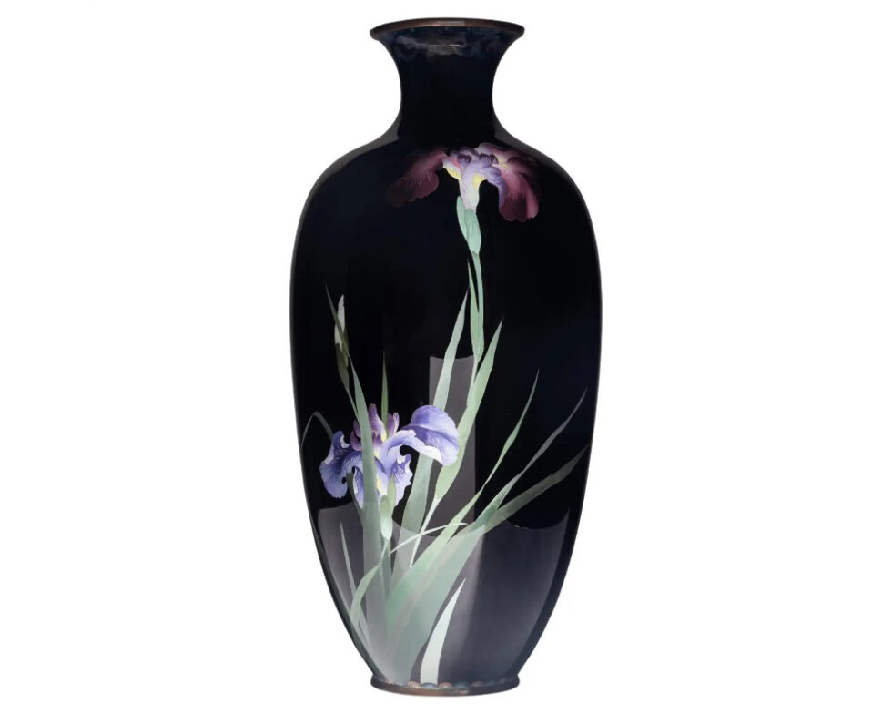 Large Meiji Period Japanese Cloisonne Enamel Vase Adorned with Iris Blossoms