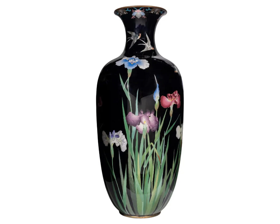 Palace-Sized Japanese Cloisonne Enamel Vase Adorned with Irises and Sparrows