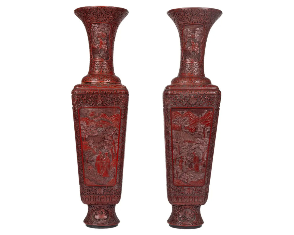 A Monumental and Rare Pair of Chinese Cinnabar Carved Lacquer Vases, Qianlong