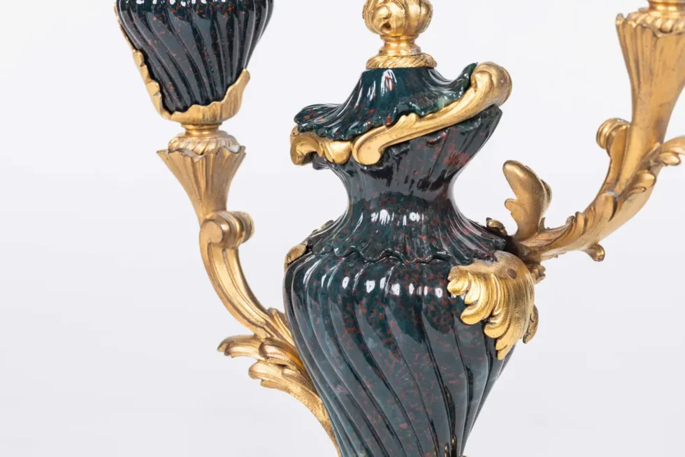 A Rare and Exquisite Pair of Ormolu-Mounted Bloodstone Two-Light Candlesticks - Image 2