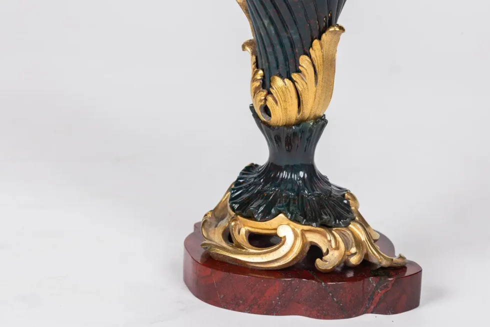 A Rare and Exquisite Pair of Ormolu-Mounted Bloodstone Two-Light Candlesticks - Image 3