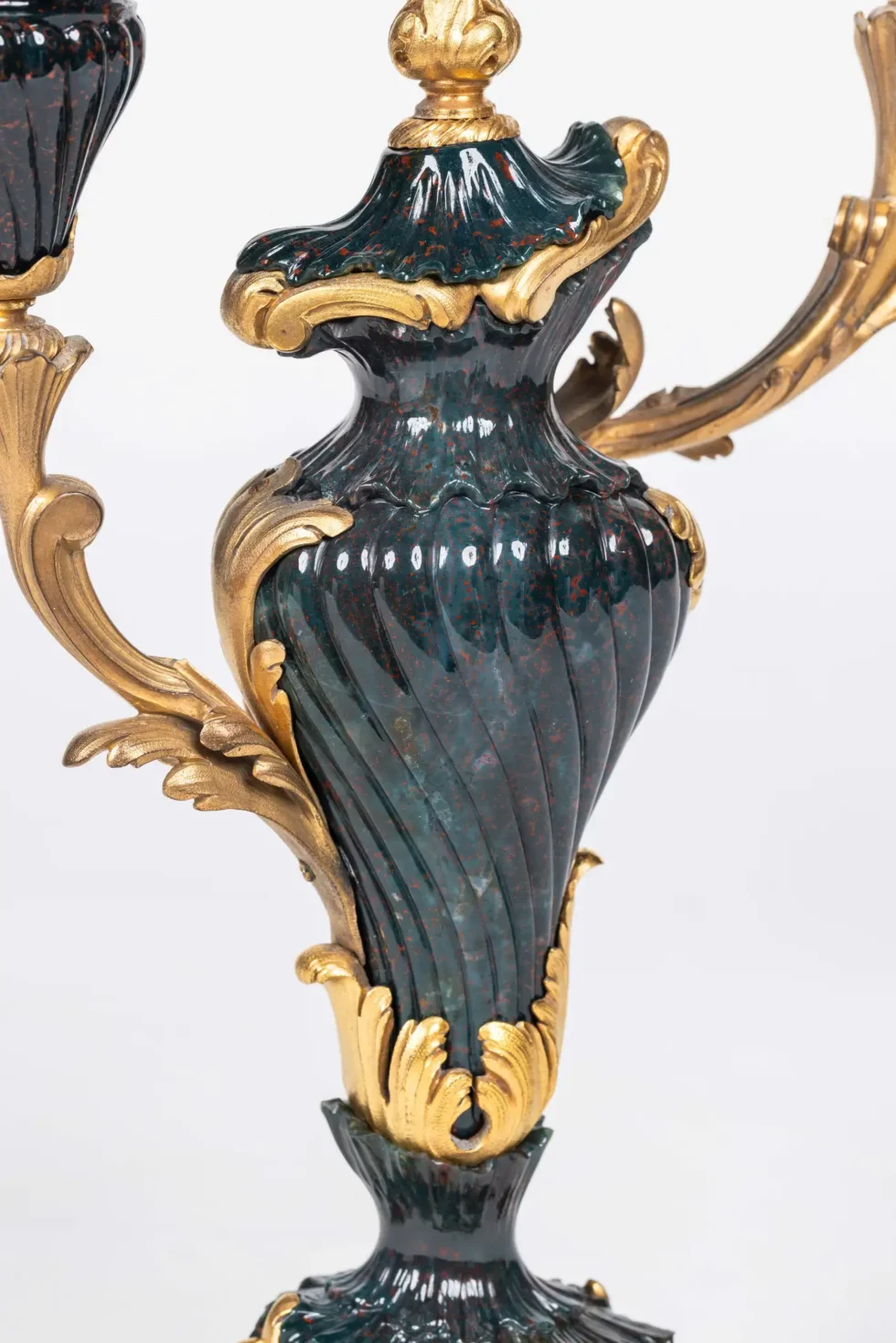 A Rare and Exquisite Pair of Ormolu-Mounted Bloodstone Two-Light Candlesticks - Image 4