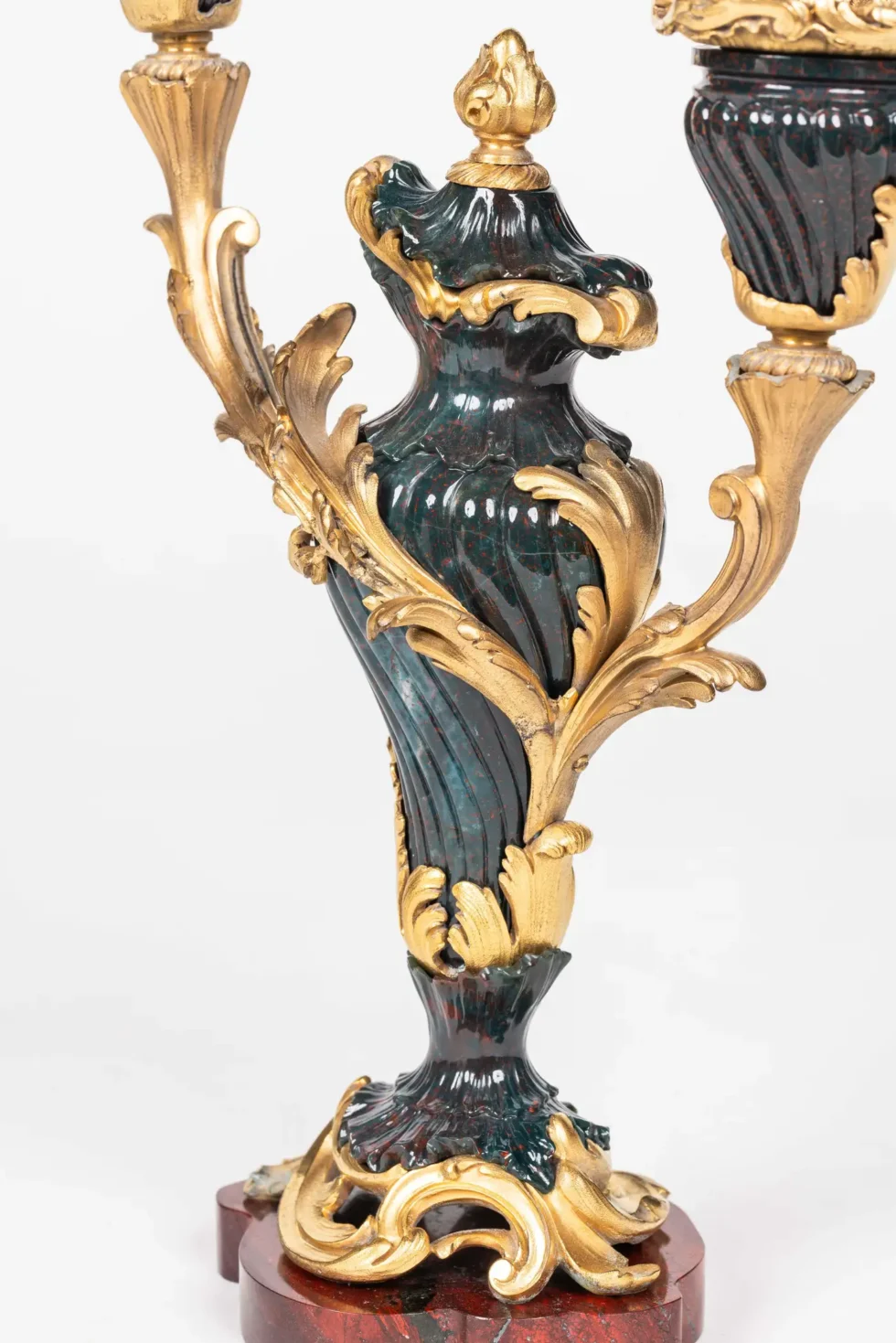 A Rare and Exquisite Pair of Ormolu-Mounted Bloodstone Two-Light Candlesticks - Image 5