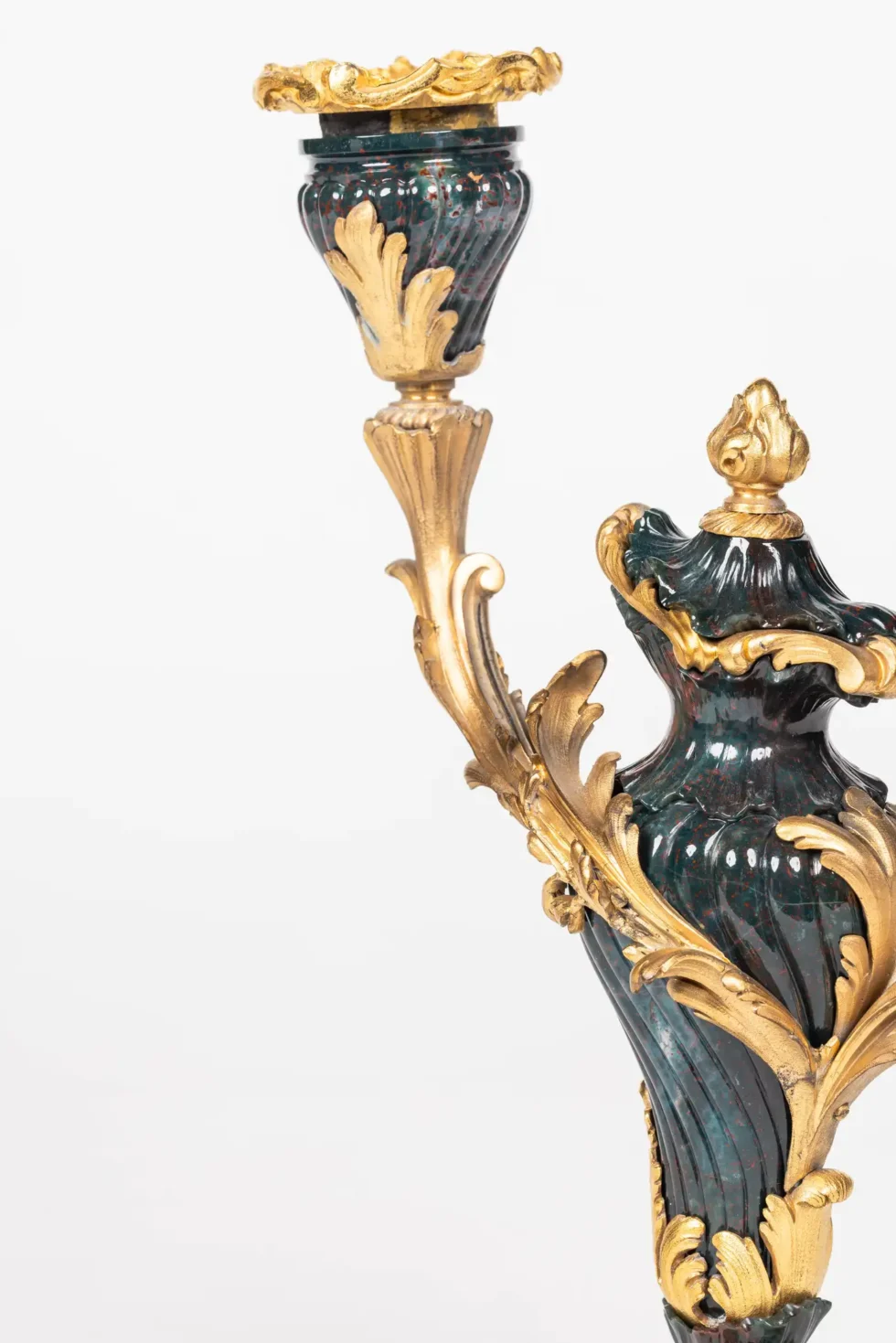 A Rare and Exquisite Pair of Ormolu-Mounted Bloodstone Two-Light Candlesticks - Image 6