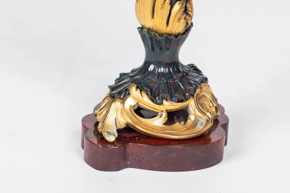A Rare and Exquisite Pair of Ormolu-Mounted Bloodstone Two-Light Candlesticks - Image 7