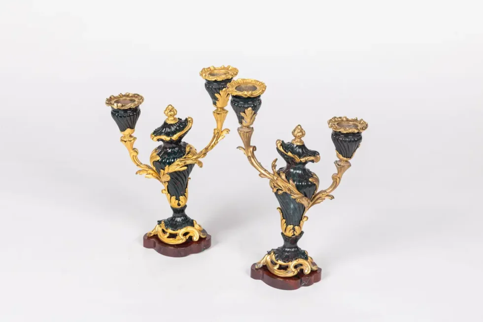 A Rare and Exquisite Pair of Ormolu-Mounted Bloodstone Two-Light Candlesticks - Image 9