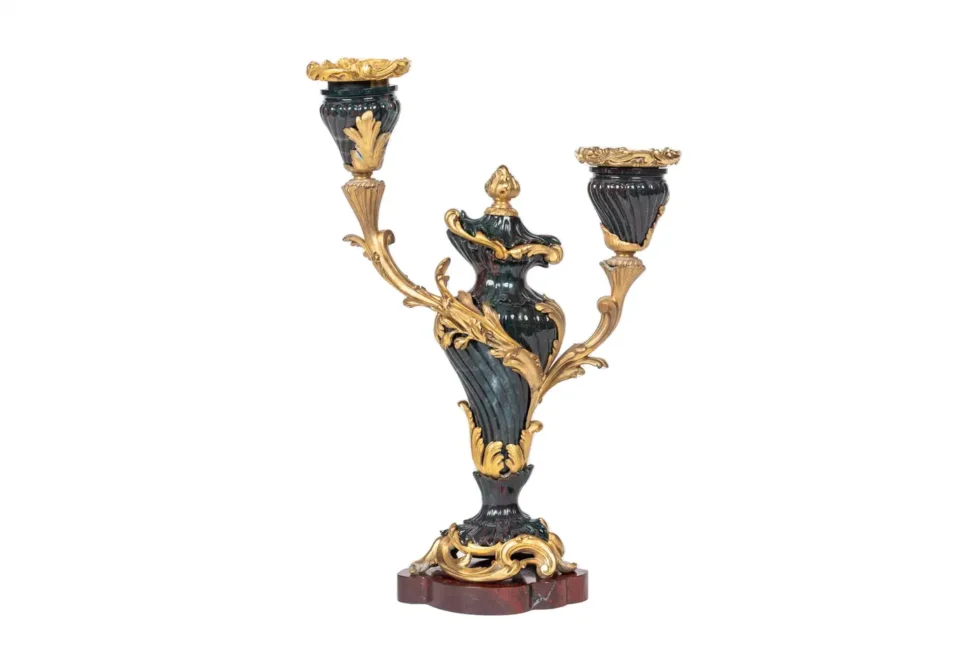 A Rare and Exquisite Pair of Ormolu-Mounted Bloodstone Two-Light Candlesticks - Image 10