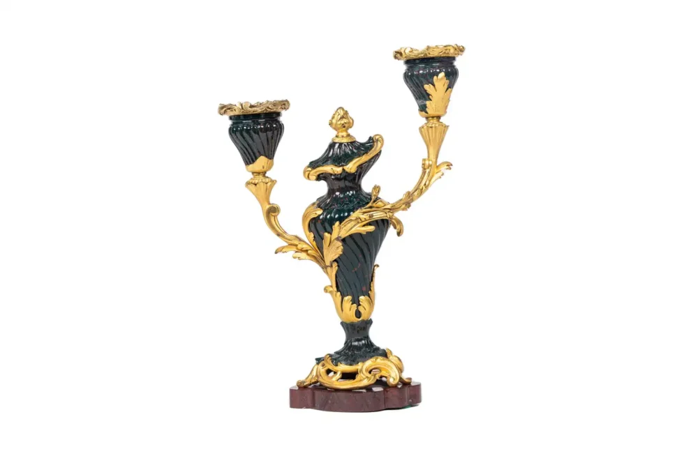 A Rare and Exquisite Pair of Ormolu-Mounted Bloodstone Two-Light Candlesticks - Image 11