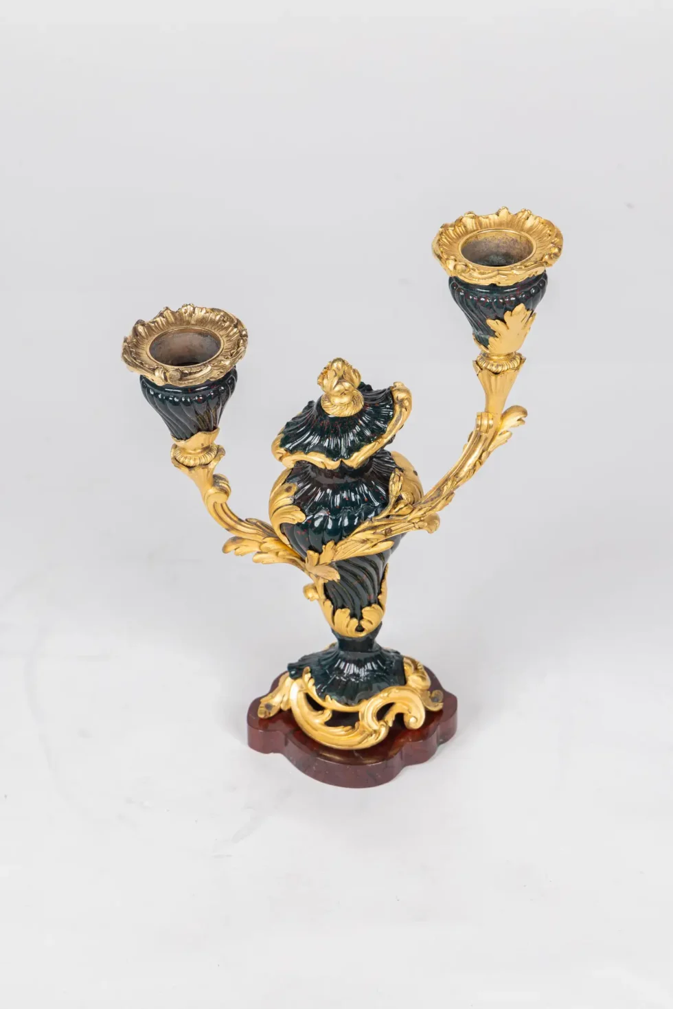 A Rare and Exquisite Pair of Ormolu-Mounted Bloodstone Two-Light Candlesticks - Image 12