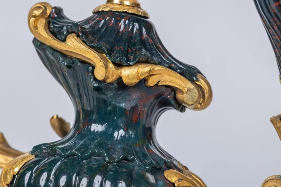 A Rare and Exquisite Pair of Ormolu-Mounted Bloodstone Two-Light Candlesticks - Image 13