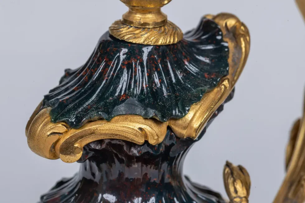 A Rare and Exquisite Pair of Ormolu-Mounted Bloodstone Two-Light Candlesticks - Image 14