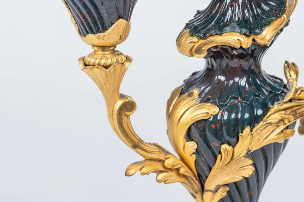 A Rare and Exquisite Pair of Ormolu-Mounted Bloodstone Two-Light Candlesticks - Image 15