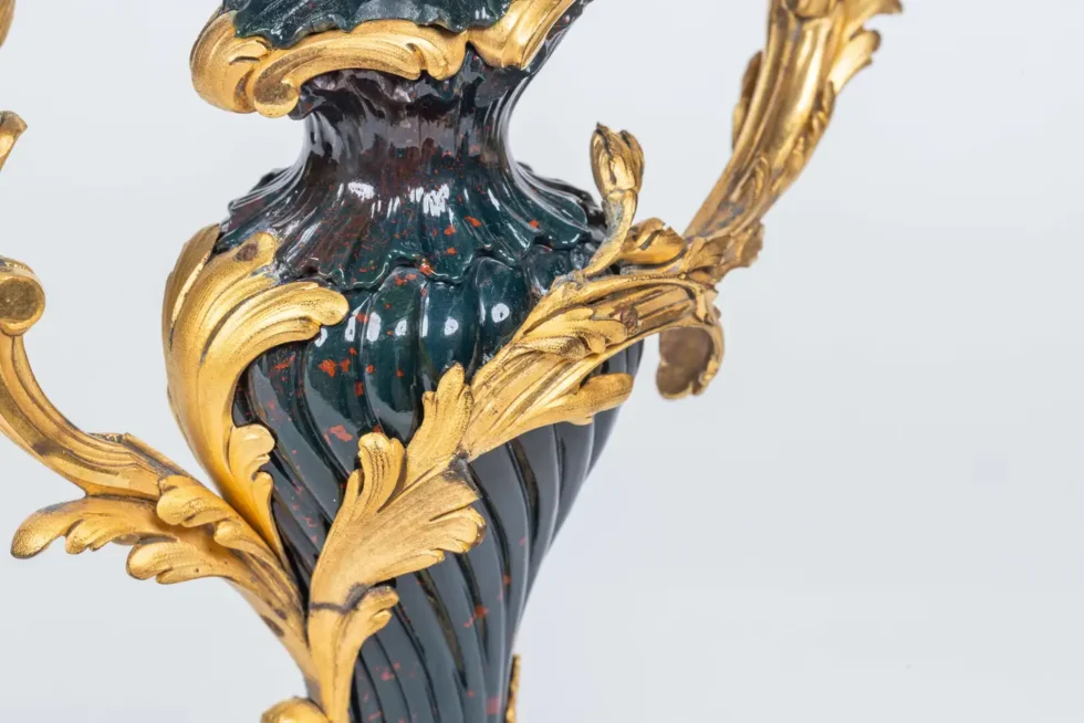 A Rare and Exquisite Pair of Ormolu-Mounted Bloodstone Two-Light Candlesticks - Image 16
