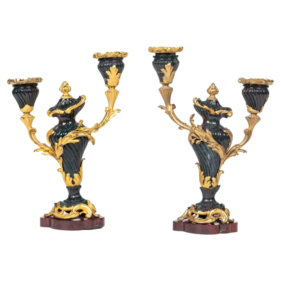 A Rare and Exquisite Pair of Ormolu-Mounted Bloodstone Two-Light Candlesticks