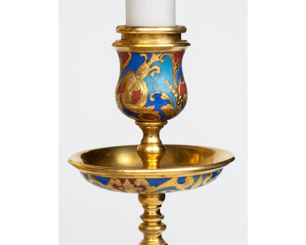 An Exceptional Pair of Champleve Enamel Ormolu Candelabra by Sevin & Barbedienne - Image 6
