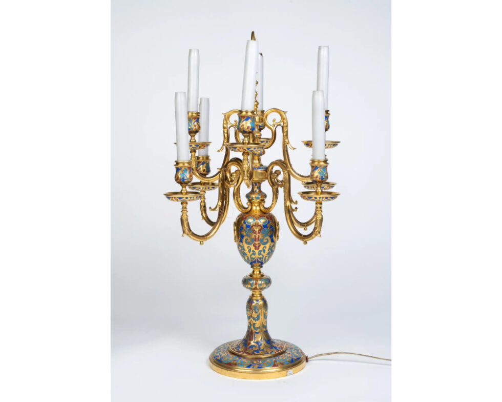 An Exceptional Pair of Champleve Enamel Ormolu Candelabra by Sevin & Barbedienne - Image 8