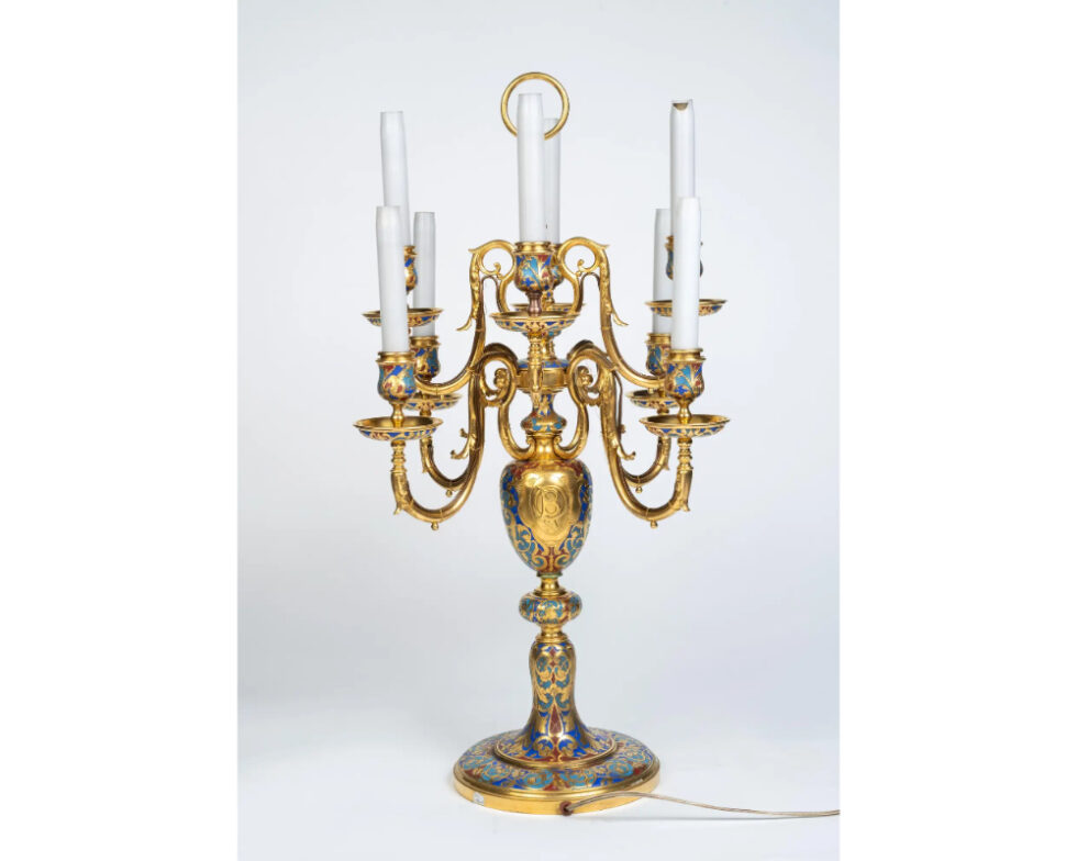 An Exceptional Pair of Champleve Enamel Ormolu Candelabra by Sevin & Barbedienne - Image 9