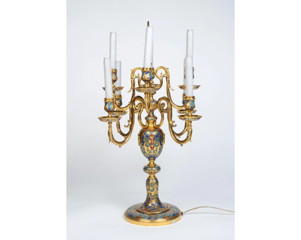 An Exceptional Pair of Champleve Enamel Ormolu Candelabra by Sevin & Barbedienne - Image 10