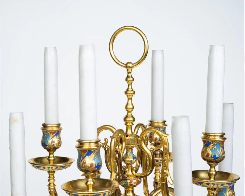 An Exceptional Pair of Champleve Enamel Ormolu Candelabra by Sevin & Barbedienne - Image 11