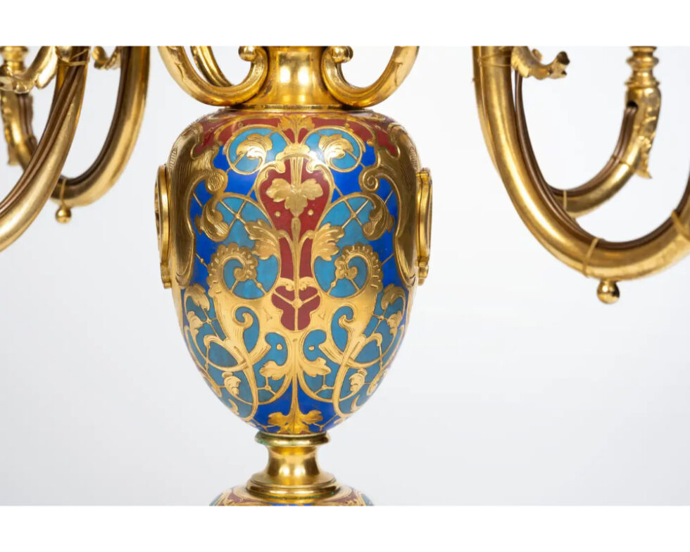 An Exceptional Pair of Champleve Enamel Ormolu Candelabra by Sevin & Barbedienne - Image 14