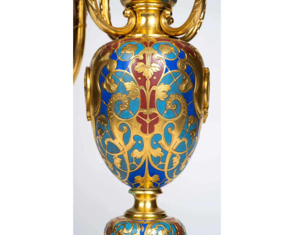 An Exceptional Pair of Champleve Enamel Ormolu Candelabra by Sevin & Barbedienne - Image 18