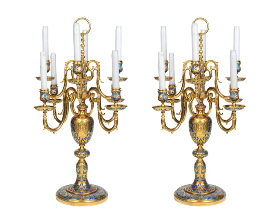 An Exceptional Pair of Champleve Enamel Ormolu Candelabra by Sevin & Barbedienne