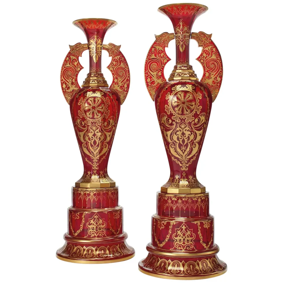 A monumental pair of ruby red gilt Bohemian "Alhambra" cut glass vases on stands, circa 1910