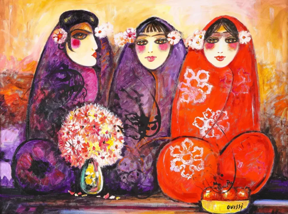 Nasser Ovissi, 'Iranian, Born 1934' "Three Seated Girls" Oil on Canvas Painting - Image 9