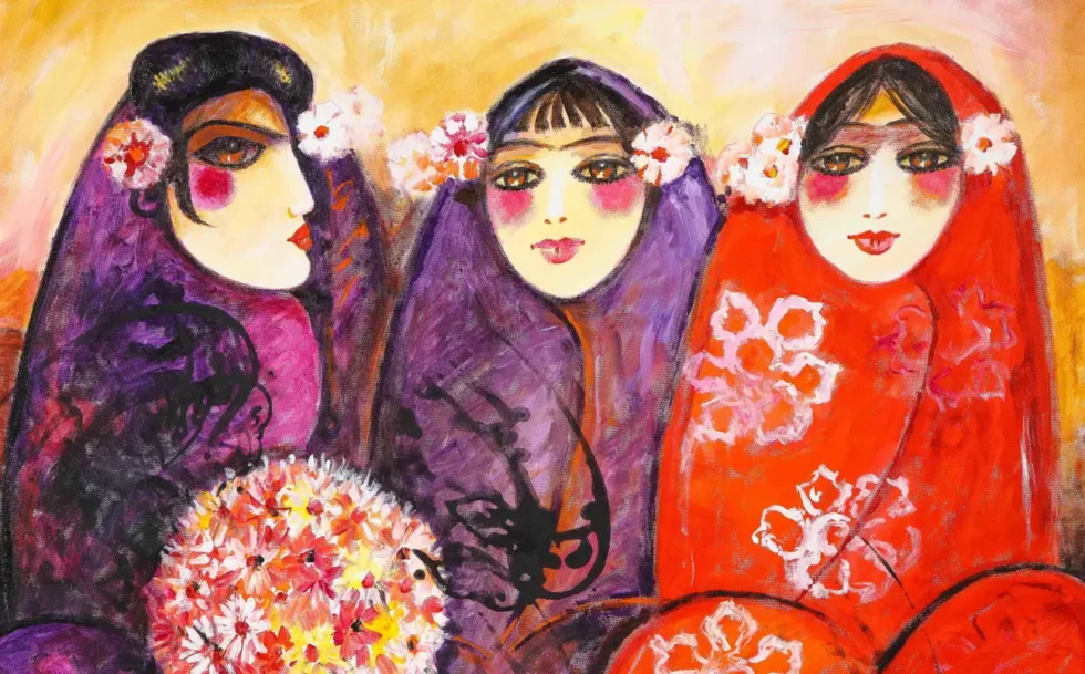 Nasser Ovissi, 'Iranian, Born 1934' "Three Seated Girls" Oil on Canvas Painting - Image 8