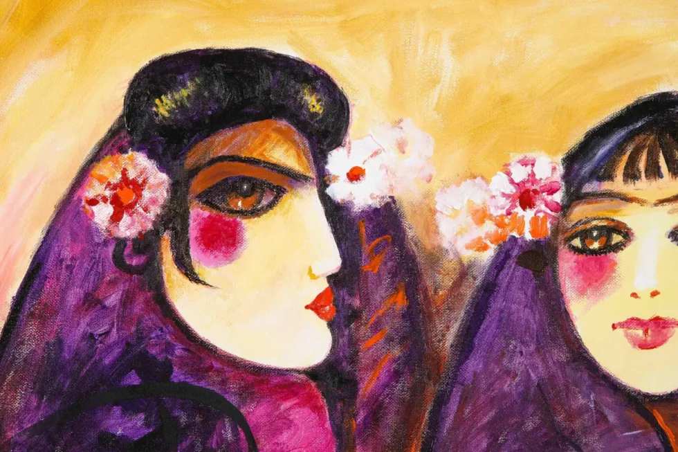 Nasser Ovissi, 'Iranian, Born 1934' "Three Seated Girls" Oil on Canvas Painting - Image 5