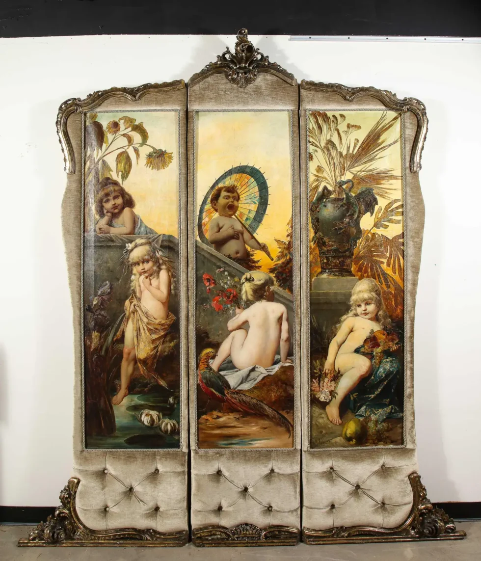 Palatial and Opulent Belle Epoque Giltwood & Oil on Canvas Three-Panel Screen - Image 2