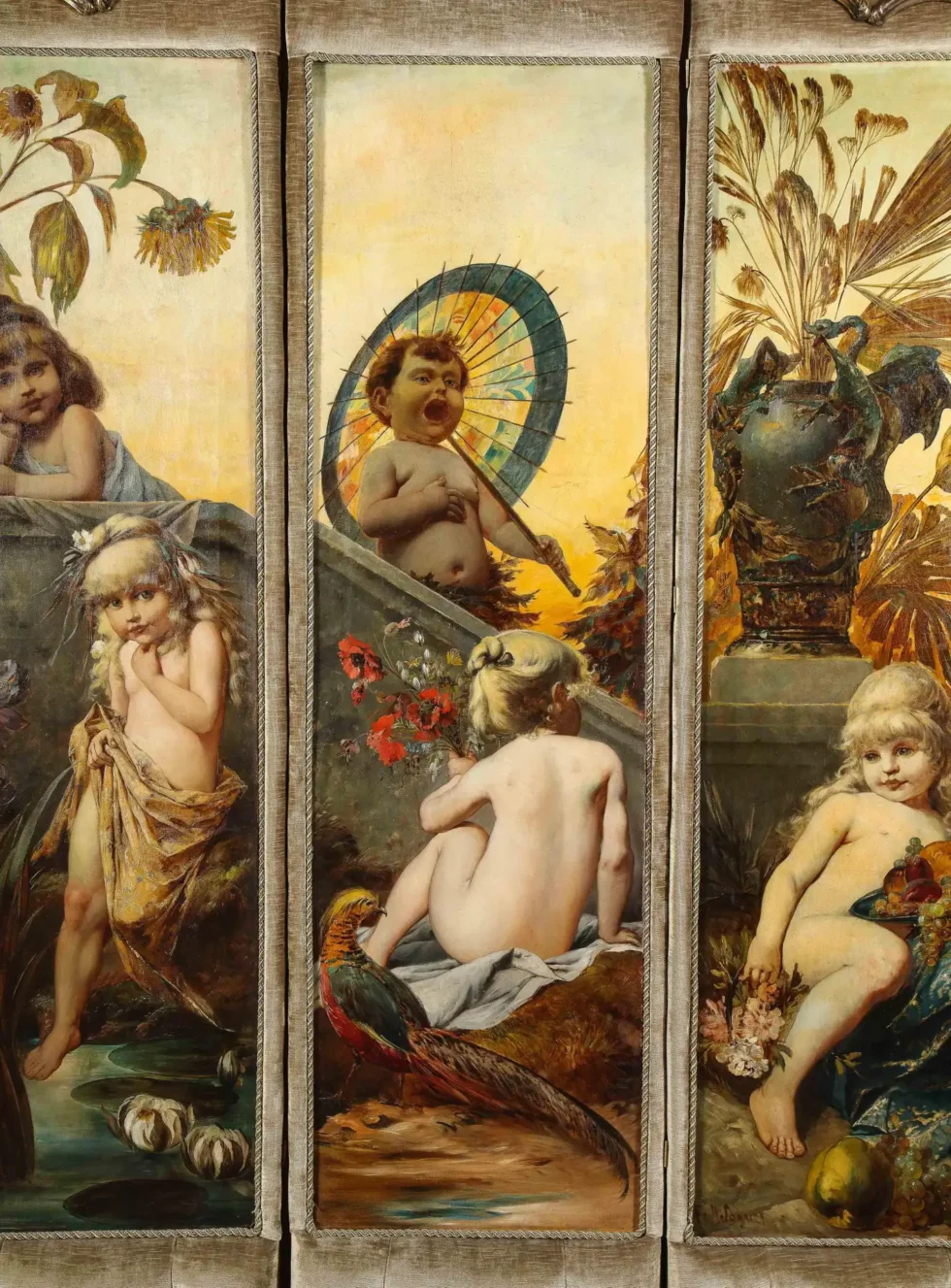 Palatial and Opulent Belle Epoque Giltwood & Oil on Canvas Three-Panel Screen - Image 19