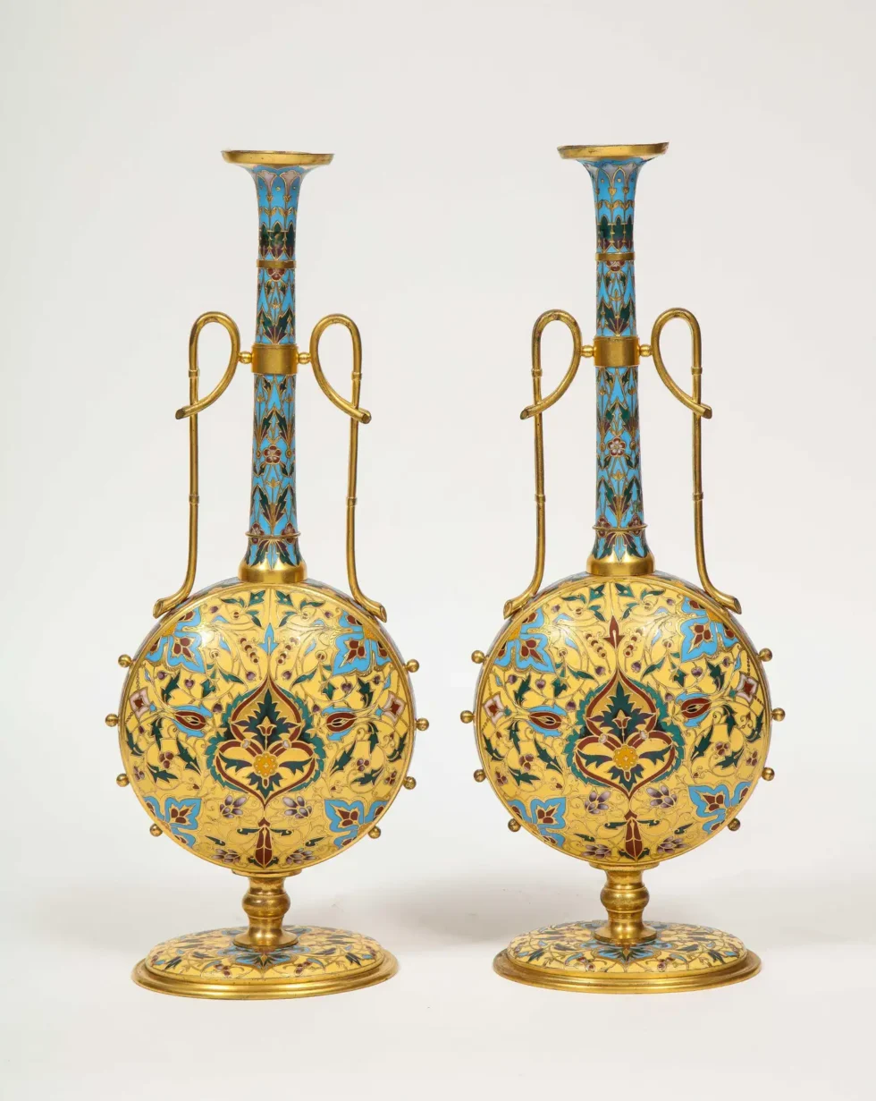 Extremely Rare Pair of Ferdinand Barbedienne Ormolu and Champleve Enamel Vases - Image 2