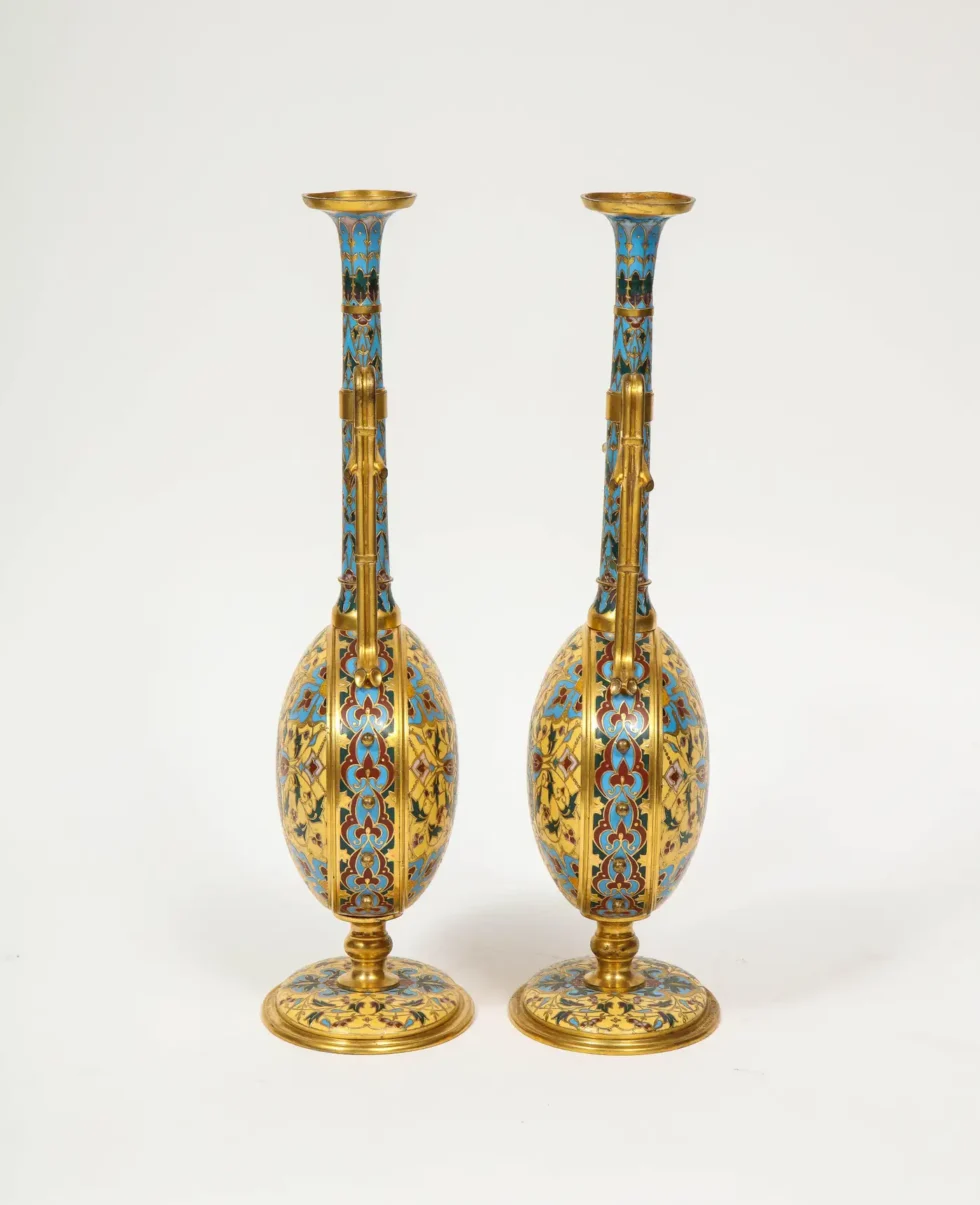 Extremely Rare Pair of Ferdinand Barbedienne Ormolu and Champleve Enamel Vases - Image 17
