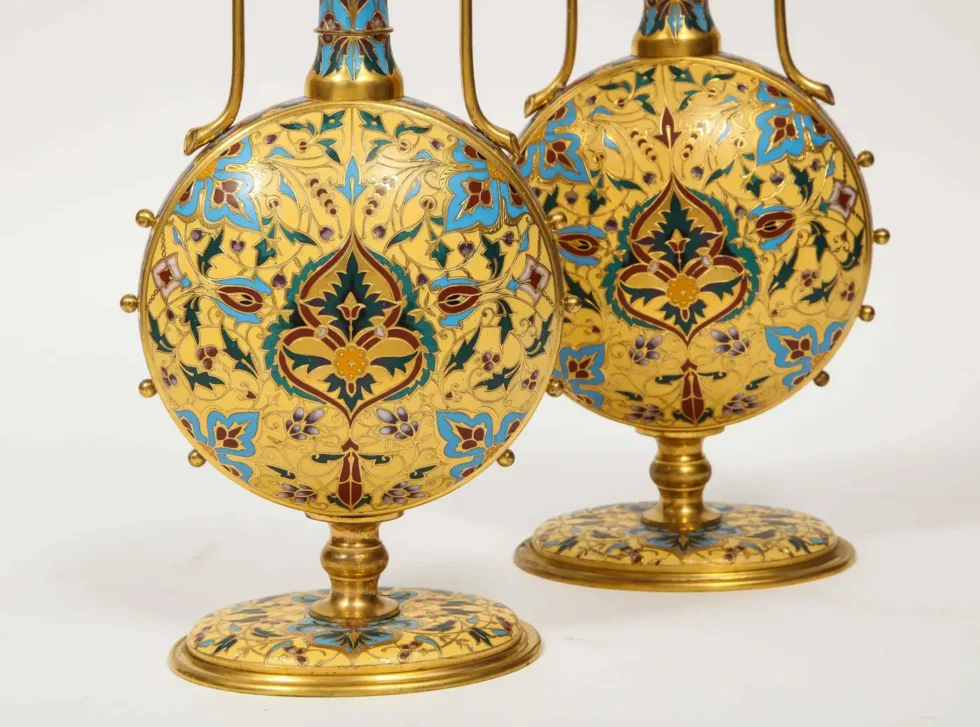 Extremely Rare Pair of Ferdinand Barbedienne Ormolu and Champleve Enamel Vases - Image 8