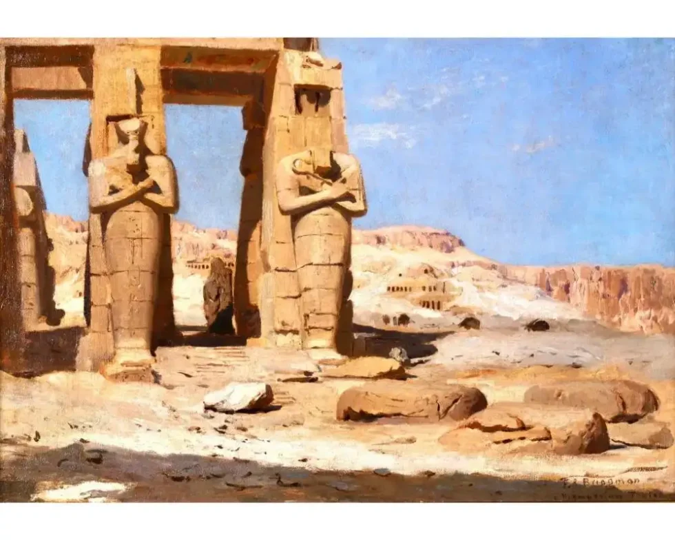 "Colossi of Memnon, Egypt" Rare Orientalist Landscape Painting - Image 2