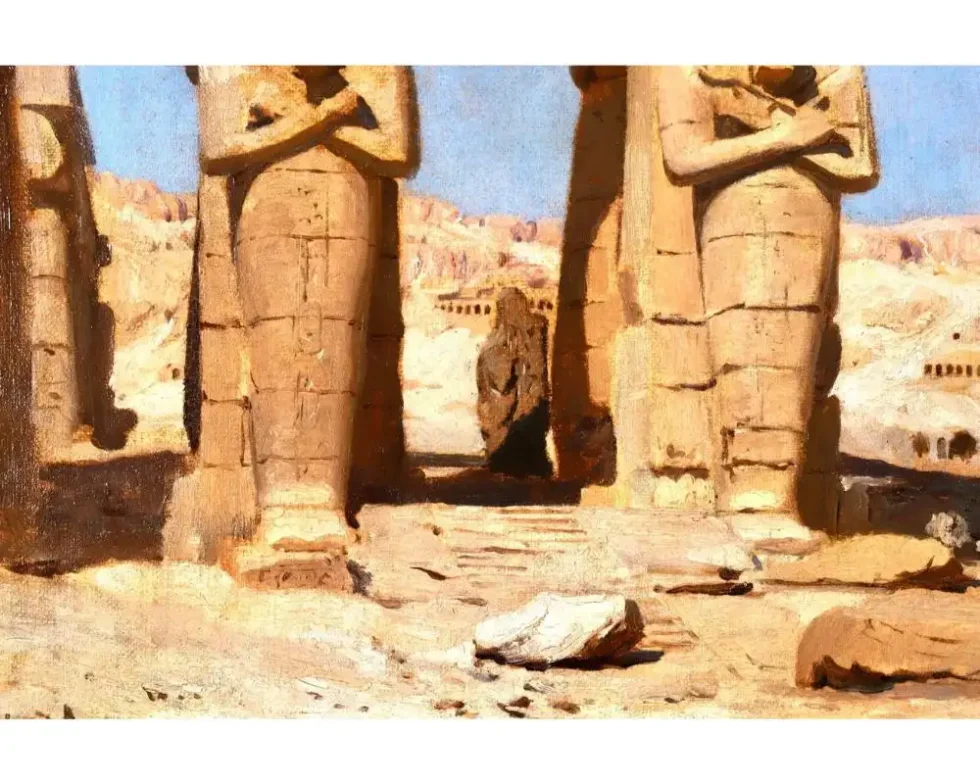 "Colossi of Memnon, Egypt" Rare Orientalist Landscape Painting - Image 11