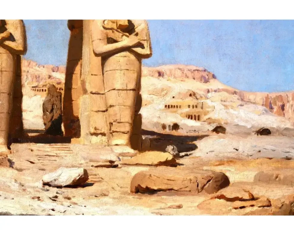 "Colossi of Memnon, Egypt" Rare Orientalist Landscape Painting - Image 10