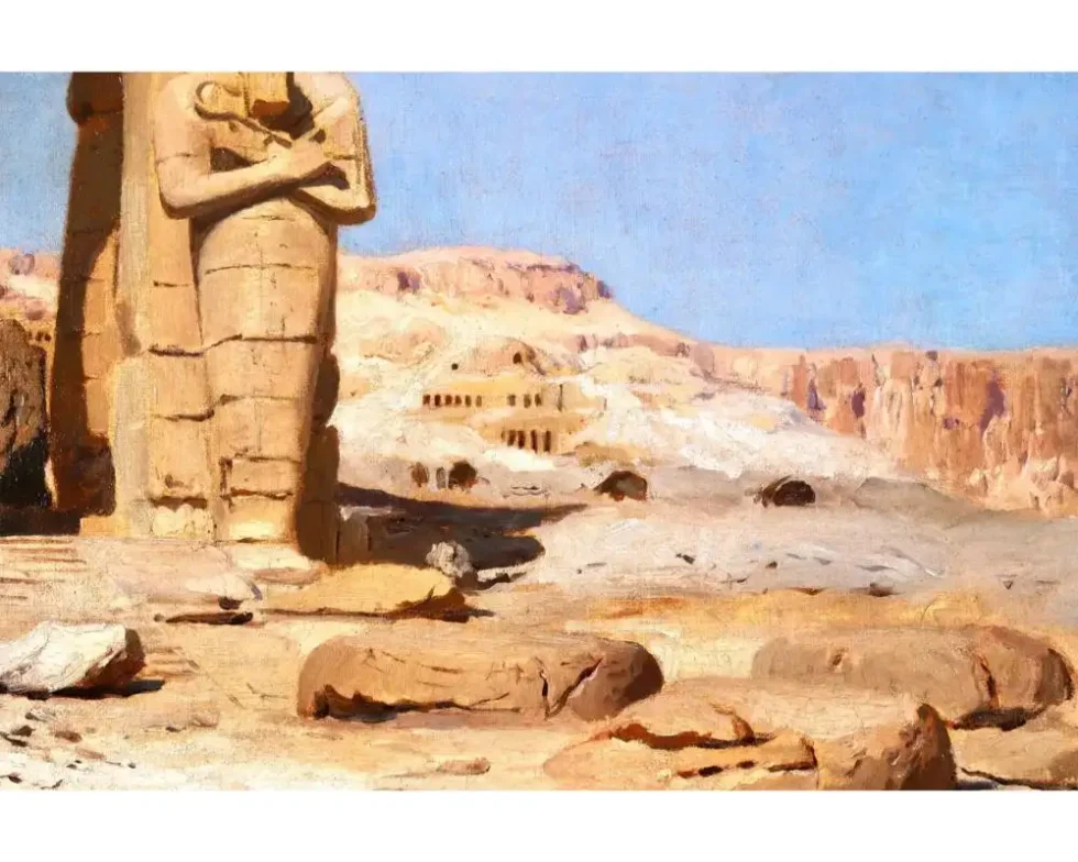 "Colossi of Memnon, Egypt" Rare Orientalist Landscape Painting - Image 9