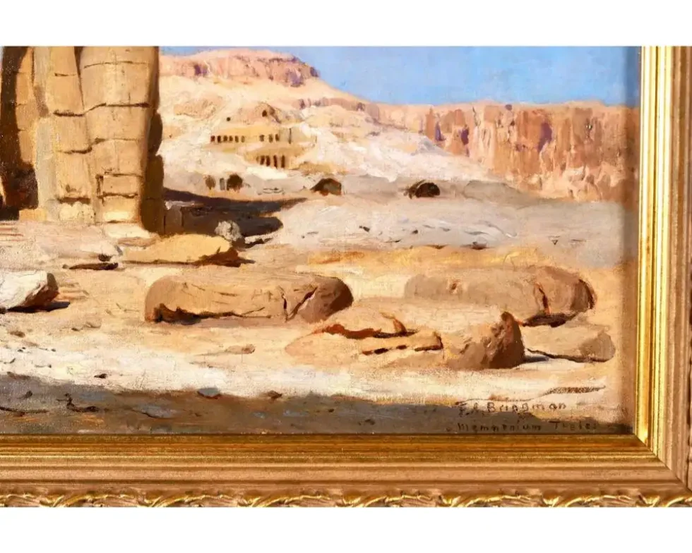 "Colossi of Memnon, Egypt" Rare Orientalist Landscape Painting - Image 7