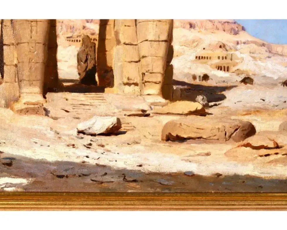 "Colossi of Memnon, Egypt" Rare Orientalist Landscape Painting - Image 6