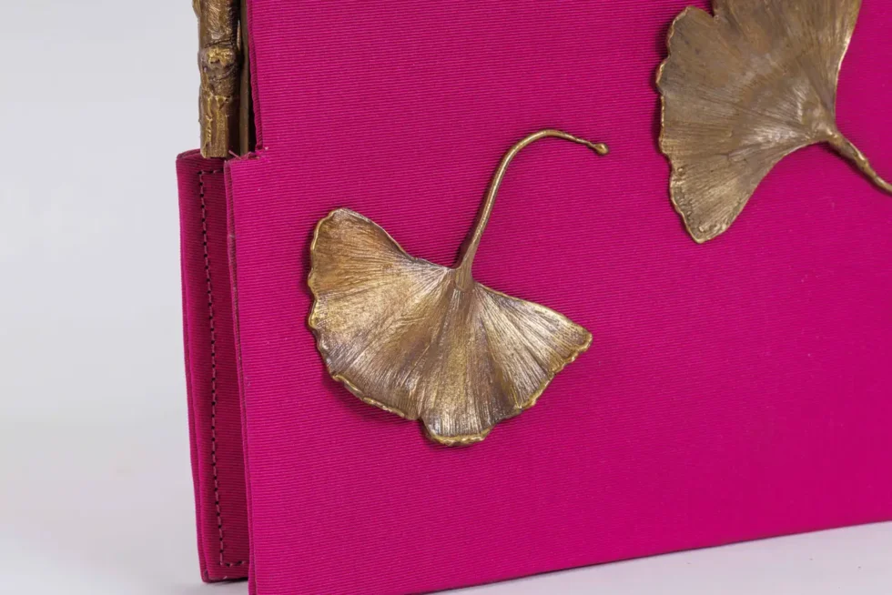 Claude Lalanne (French, 1925-2019) A Rare Pink Silk and Bronze Ginkgo Handbag - Image 3