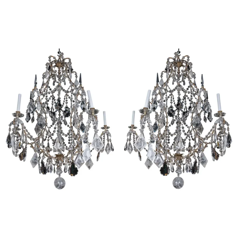 A Large and Exceptional Pair of French Rock Crystal and Glass Chandeliers