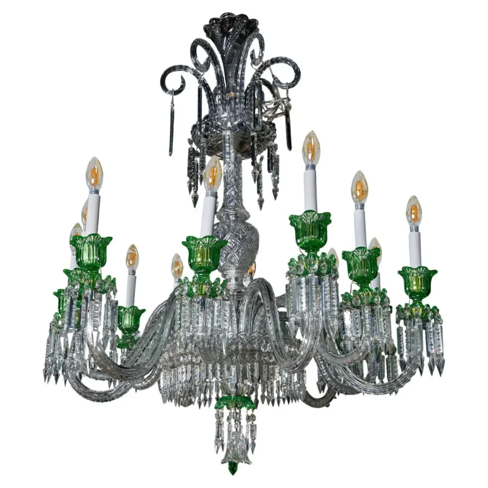 Cristalleries De Baccarat, a Large French Green and Clear Cut-Crystal Chandelier